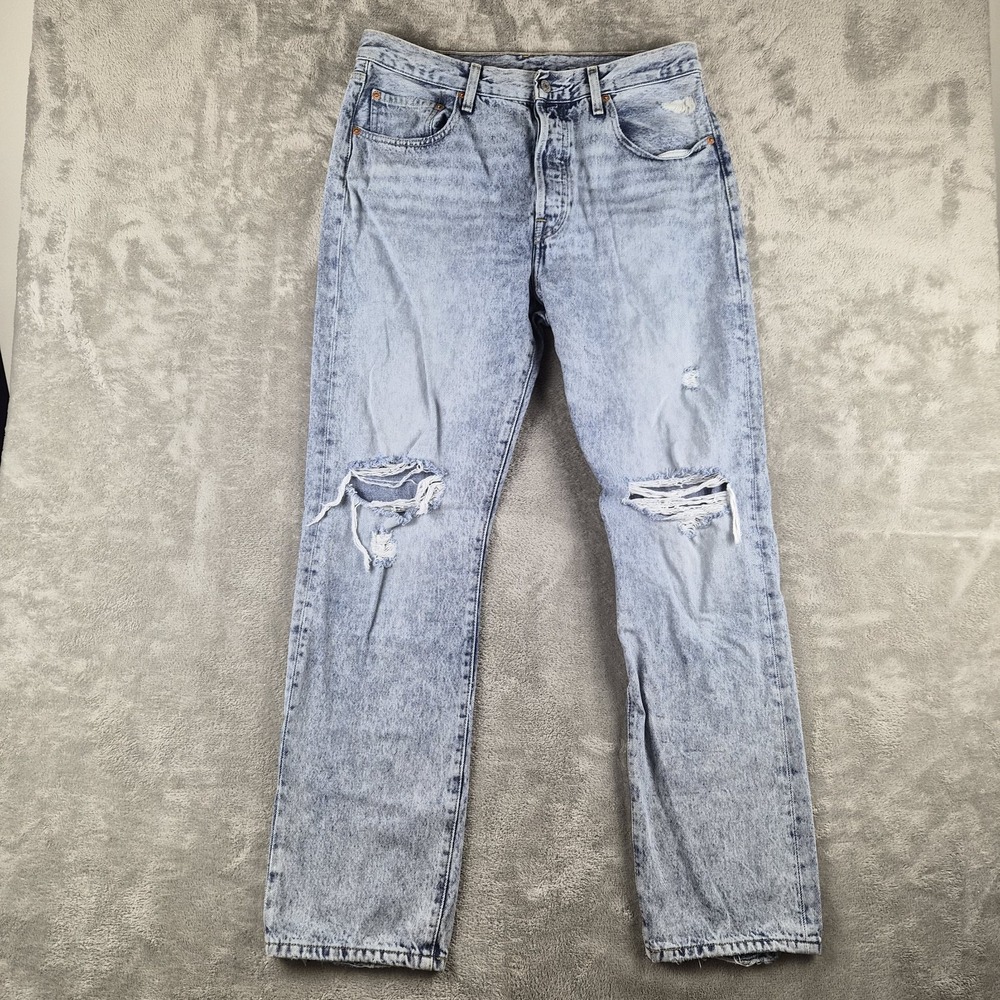 Levis Premium 501 Jeans Womens 32x30 Blue Distressed Denim Button Fly Light Wash